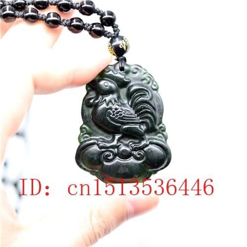 Chinese Black Green Jade Zodiac Chicken Pendant Natural Hand Carving Necklace Fashion Amulet Luck Gifts Men Sweater Chain