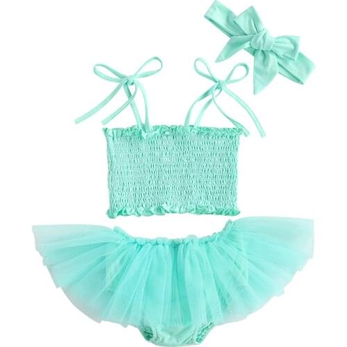 Princess Baby Girl Clothes Sets Summer Solid Color 3Pieces Sleeveless Straps Ruched Crop Tops+Mesh Tutu Shorts+Headband 0-24M