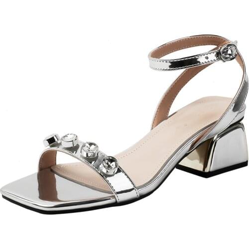 One-line Square Toe Fashion Womens Sandals; Rhinestone Ankle Buckle Mid-heel Shoes Sandals Women Summer Shoes Women