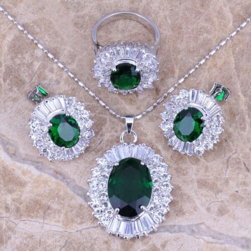 Green Cubic Zirconia White CZ Silver Plated Jewelry Sets Earrings Pendant Ring Size 5.5 / 6 / 7 / 8 / 9 / 10 S0033