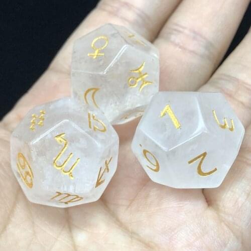 Natural White Crystal Divination Dice Handmade Engrave Gemstone Constellation Symbol D12 Dice Zodiac Sign Planet Astrology Dice