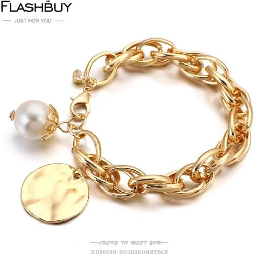 Flashbuy New Design Big Pearl Alloy Charm Bracelets 2021 Gold Color Chunky Thick Chain Bracelet for Women Fashion Jewelry