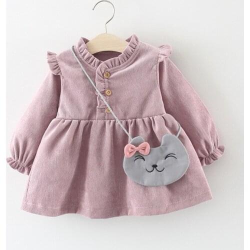 FOCUSNORM Autumn 0-4Y Kids Girls Princess Dress Solid Ruffles Long Sleeve A-Line Dress+Bags