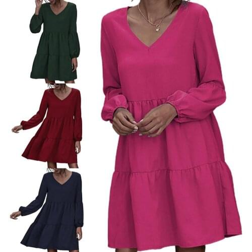 Womens Dresses Solid V-neck High Waist Puff Sleeve Knee Length Summer Dress Streetwear Boho Casual Loose Beach Party Mini Dress