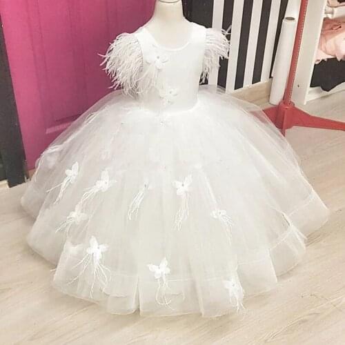 Puffy Feather 3D Butterflies Flower Girl Dresses Wedding Kids Party Birthday Ball Gown for New Year