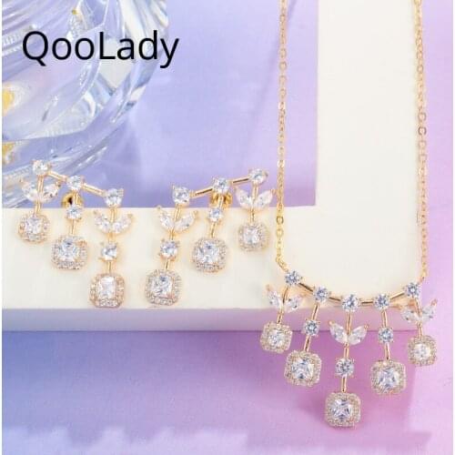 QooLady 2019 Evening Dress Bridesmaids Party Prom Female Jewelry Set Gold Color Pendant Necklace Earrings Dubai CZ Stone Z038