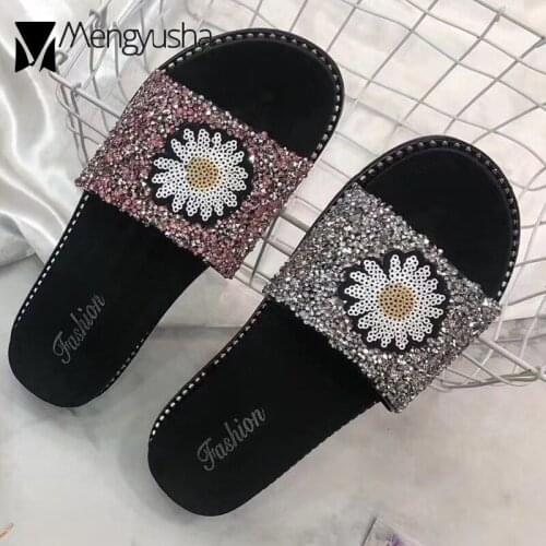 Sweet Girls Daisy Flower Shoes Glitter Sandals Bling Sequins Slippers Women Rivet Slides Platform Sandalias Bathroom Flip Flops