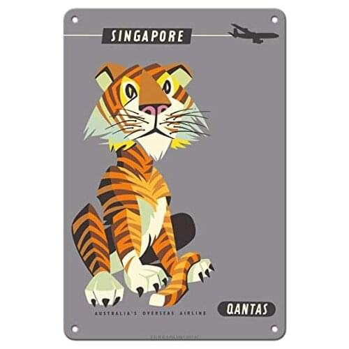 Singapore - Malayan Tiger - Qantas Airways - Airline by Harry Rogers c.1960s Metal Tin Sign