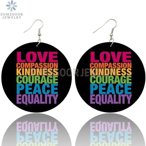 SOMESOOR Rainbow Love Black Lives Matter Wooden Drop Earrings Kind Powerful Sayings Printed Loops Dangle Jewelry For Women Gifts