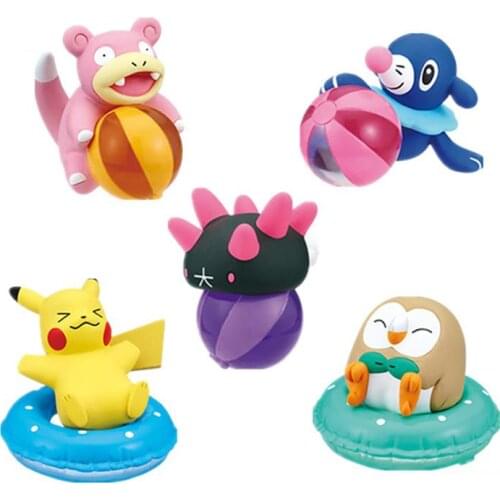 TAKARA TOMY Pokemon 5pcs/set Gashapon Swimming on the beach Pikachu Slowbro Popplio Action Figure Model Toys Gift for Children