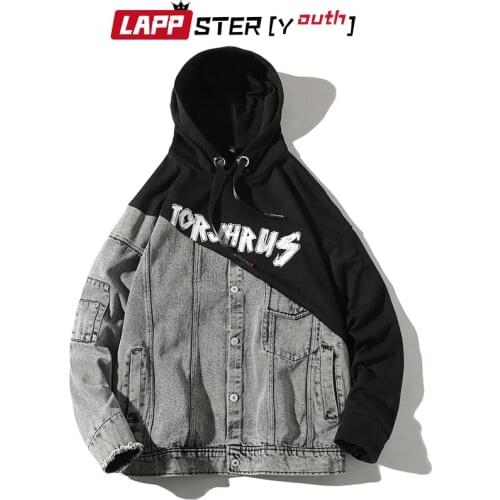 LAPPSTER-Youth Men Streetwear Sweatshirt 2020 Mens Patchwork Denim Hooded Hoodies Sweatshirts Harajuku Male Funny Black Hoodies