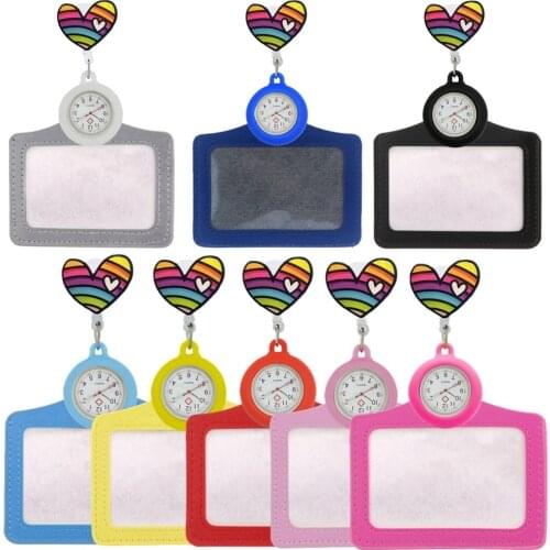Retractable Badge Reel Colourful Double Love Heart Nurse Doctor Pocket Watches 2 in 1 ID Name Cards Holders for Hospital Gifts