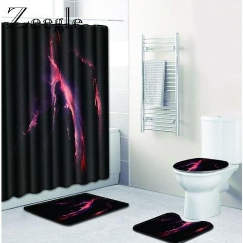 Zeegle 4pcs Bathroom Mat Set with Shower Curtain Pedestal Rug Toilet U Type Mat Waterproof Shower Curtain Non-slip Bath Foot Mat