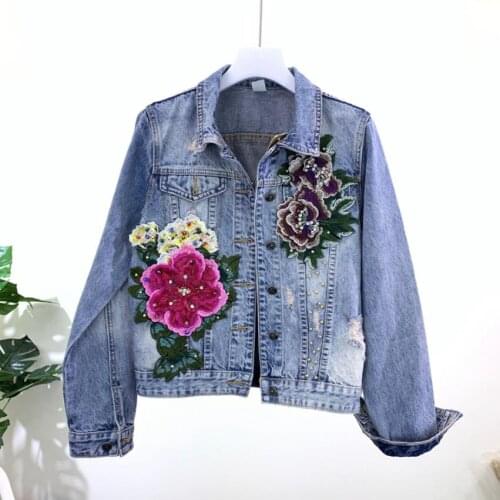 England style single breasted big appliques rivet beading Denim jacket female rivet beading flowers denim outwear tops wq1589