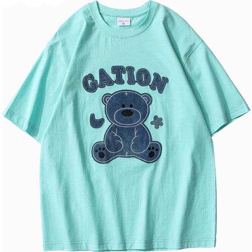 Summer Solid Color Short Sleeve T Shirt Women Bear Patch Round Neck Tee