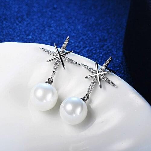 LADYCHIC Trendy Silver Color Sparkling Star Drop Earrings for Women Imitation Pearl Dangle Earring Jewelry Gift Wholesale LE1404