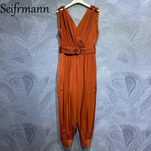 Seifrmann New 2021 Summer Women Fashion Runway Long Jumpsuit Sexy V-Neck Sashes Pockets Solid Printed Bodysuit Lantern Romper