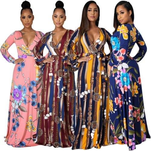 RStylish Elegant Summer 2021 Beach Floral Print Boho V-Neck Long Sleeve Sashes Women Big Hem Maxi Long Dresses