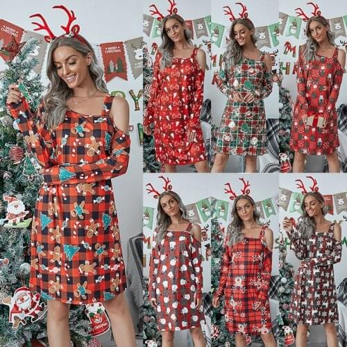 2021 Spring Autumn Sexy Strapless Long Sleeve Womens Mini Dress Fashion Casual Loose Snowman Lattice Print Lady Dress Christmas