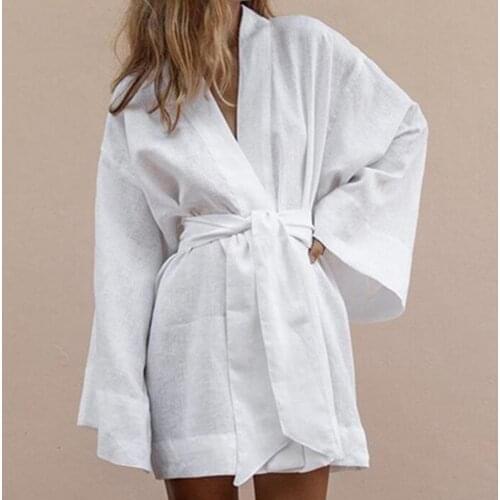 Lace Up Robe Dress Long Sleeve Women V Neck Solid Color Mini Dress Streetwear