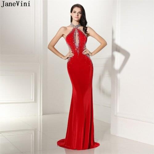 JaneVini Sexy Saudi Arabia Mermaid Red Mother of The Bride Dresses Halter Beading Backless Velvet Evening Gowns Robe De Soiree