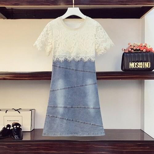 Summer 2021 lace vintage Dress Women New Fashion Patchwork short-Sleeved Zipper Denim Short Dresses Casual Vestidos