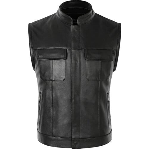 2021 New Natural Cowhide Leather Vest Slim Sleeveless Mens Jacket Genuine Leather Motorcycle Biker Black Vest Clothes