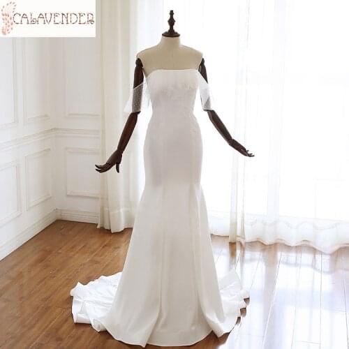 White Mermaid Wedding Dress 2020 off Shoulder Lace Appliques robe de mariee Simple Wedding Gowns Lace Up Back Bridal Dresses