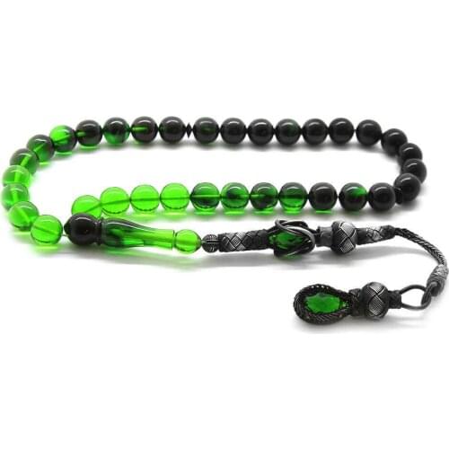 Tesbihane 1000 Sterling Silver Kazaz Tassels Sphere Cut Cottage Green Fire Amber Prayer Beads