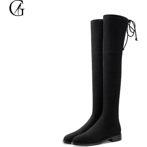 GOXEOU Womens Over-The-Knee Boots Flock Black Drawstring Round Toe Square Heel Winner Flat Comfortable Fashion Boot Size 32-46