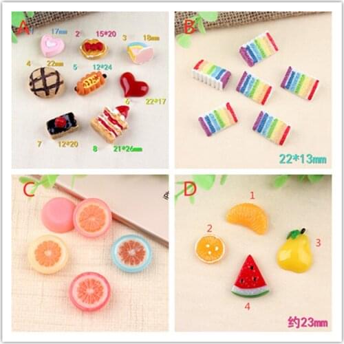 Kawaii Resin Cabochons 10pcs Cute 3D Rainbow Cake Fruit Watermelon Pear Orange Lemon Clay Charm Pendant Girl Hair Bow Center