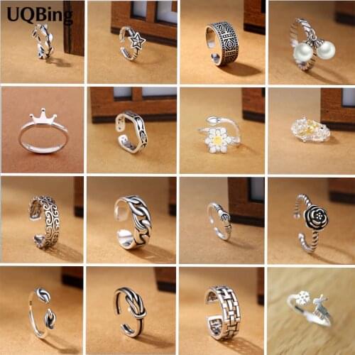 16 pcs Design Vintage Handmade 925 Sterling Silver Rings For Women Adjustable Flower Star Bowknot Thai Silver Rings Personality