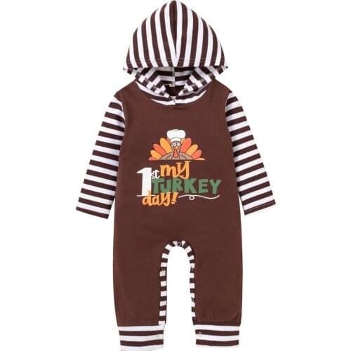 2021 0-24M Baby Thanksgiving Jumpsuit Boys Girls Letter Turkey Stripe Print Hooded Long Sleeves Romper Jumpsuit Outfit