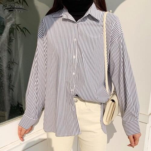 Korean Style Spring Blouse Women 2021 Casual Long Sleeve Cotton Striped Shirt for Women Cardigan Plus Size Ladies Tops 9196 50