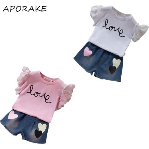 2021 3-7Y Toddler Baby Girl Clothing Lace Short Sleeve LOVE Letter Blouse Top+Hearts Print Denim Shorts Summer 2pcs Set