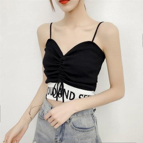 2019 Summer Women Sexy Drawstring Letter Print Camis Sleeveless Pullover Knitted Crop Top Camisole