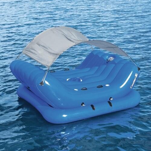 4-Person Inflatable Island With Sun Shade Float Boat 4-Cup Holder Cooler Swimming Pool Floats Bed Water Toys Pool Fun Raft