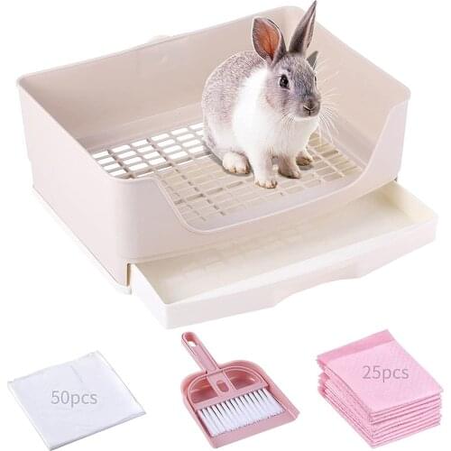 Extra Large Rabbit Litter Box Bunny Toilet with Drawer 50 Pet Toilet Film 25 Toilet Training Pad Cleaning Set Small Pet Box Pan