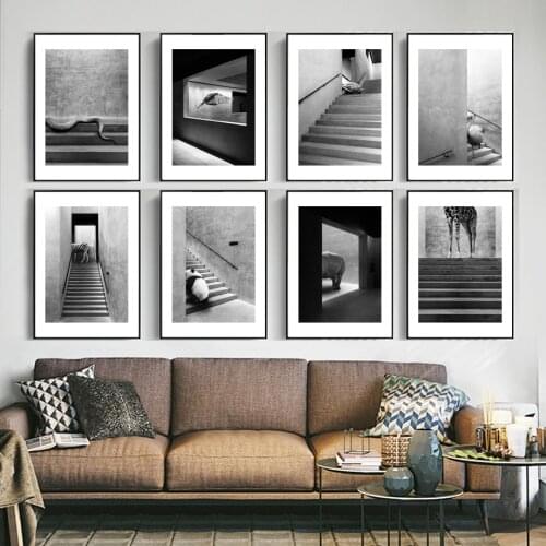Panda Giraffe Flamingo On Stairs Wall Art Canvas Painting Black White Nordic Posters And Prints Wall Pictures For Living Room