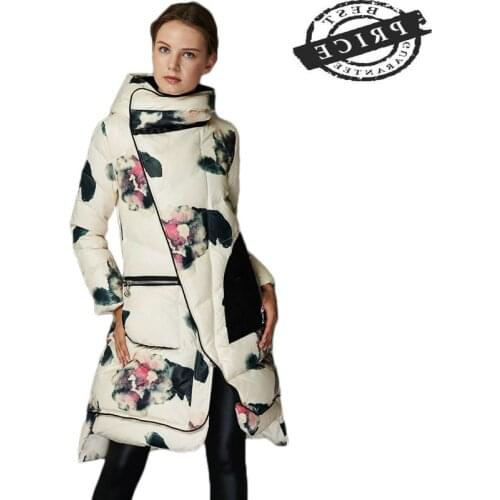 Winter Jacket Women Parka 2021 European Print Floral High Quality White Duck Down Coats Long Thick Hooded Coat HJ226