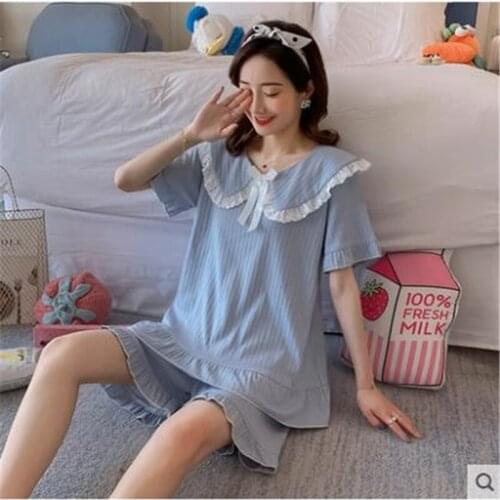 Pajamas women summer short-sleeved thin cotton Korean version sweet blue home service princess style doll collar suit pijama
