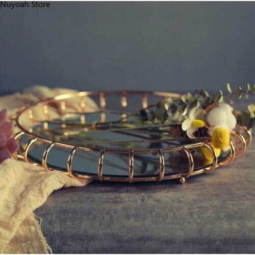 Nordic geometric mirror tray golden home crafts decoration restaurant metal tray with glass living room decoration accessories