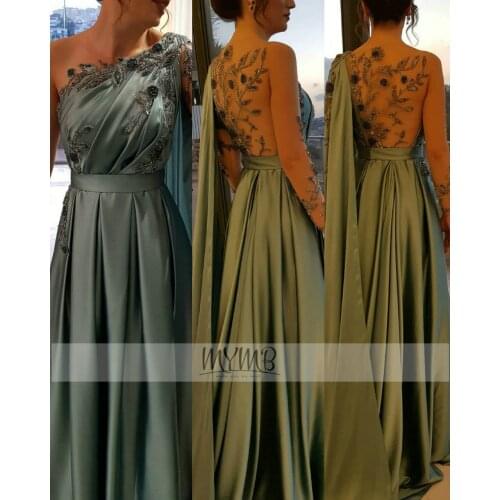 Stylish Dubai Olive Green One Shoulder Muslim Evening Gown With Cape Long Sleeves Arabic Women Wedding Party Dresses Plus Size