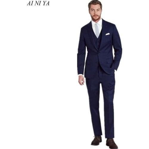 Navy Blue Men Formal Suit Split Side Set Slim Fitted Groom Wedding Party Tuxedos Groomsman Blazer Sets (Jacket+Vest+Pants)