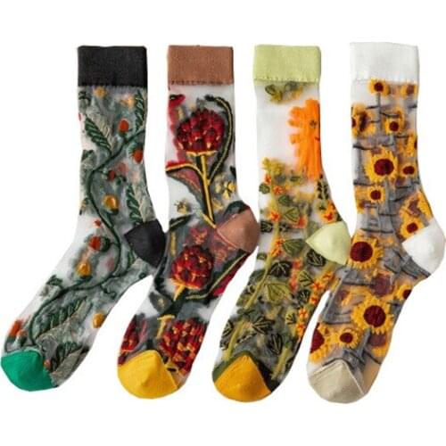 Womens Socks Summer Thin Trendy Socks European and American Style Flower Mori Style Spun Glass Breathable Women