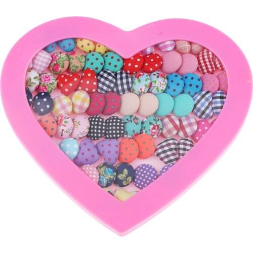 36 Pairs Women Retro Dots Fabric Button Earrings Set Round Heart Stud Earrings