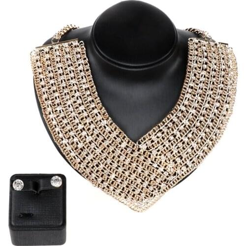 Women Crystal Bridal Jewelry Sets Gold color Rhinestone Necklace Wedding Engagement Jewelry Sets