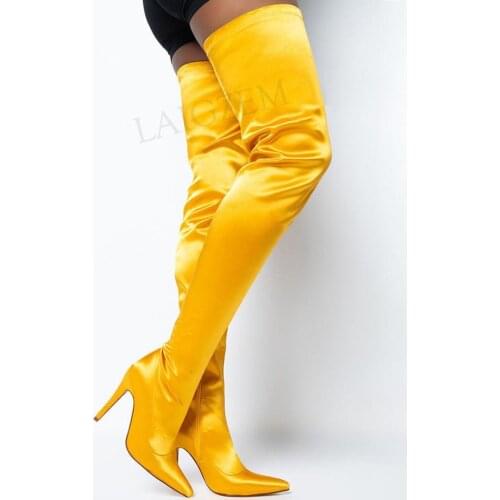 LAIGZEM Women Thigh High Boots Satin Pointed Toe High Heels Boots Side Zip Ladies Shoes Woman Frauen StiefeL Big Size 43 44 47