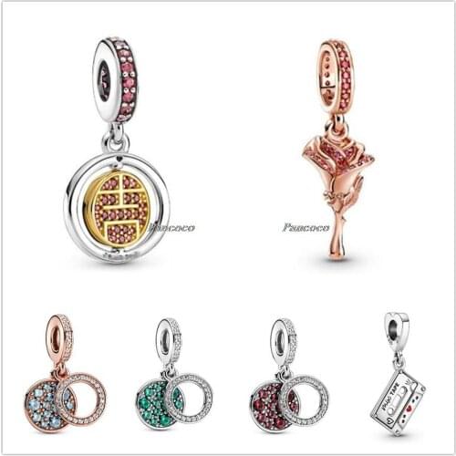 Authentic 925 Sterling Silver Rose Flower Dangle Charm Beads Fit Women Pandora Bracelet & Necklace Jewelry