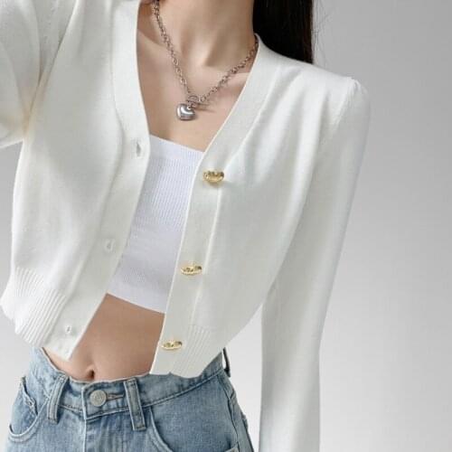 WOMENGAGA Simple Slim Long Sleeve Knitting Cardigan Tops Autumn Solid Color V-neck Screw Thread All-match Sweater 98VQ